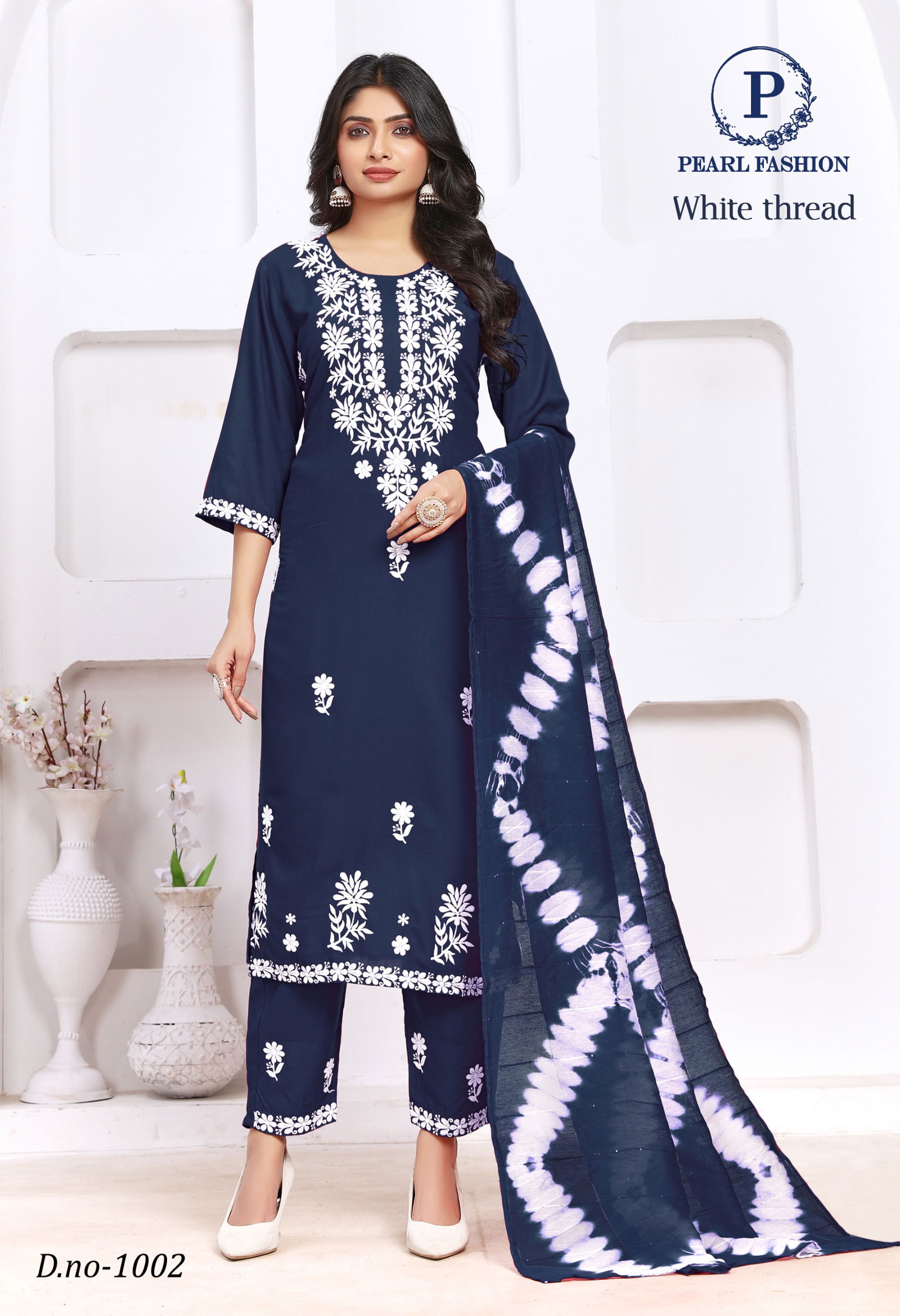 White Thread Pearl Viscose Rayon Designer Kurti With Bottom Dupatta Wholesale Shop In Surat